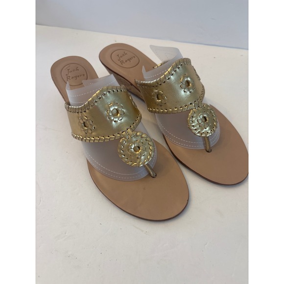 Jack Rogers Women's Gold Wedge Sandals Cork Heel Thong Comfort Style - Picture 1 of 9